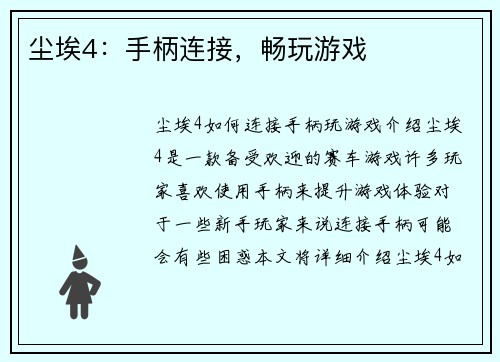 尘埃4：手柄连接，畅玩游戏