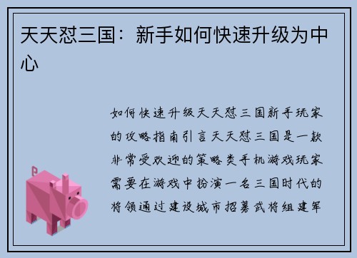 天天怼三国：新手如何快速升级为中心