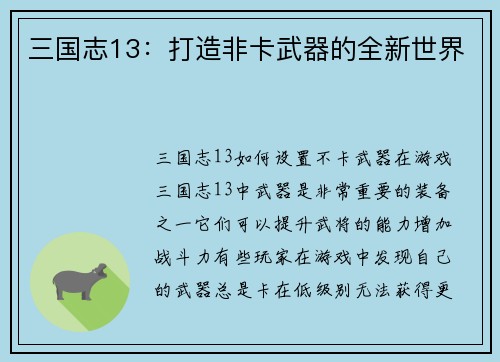 三国志13：打造非卡武器的全新世界